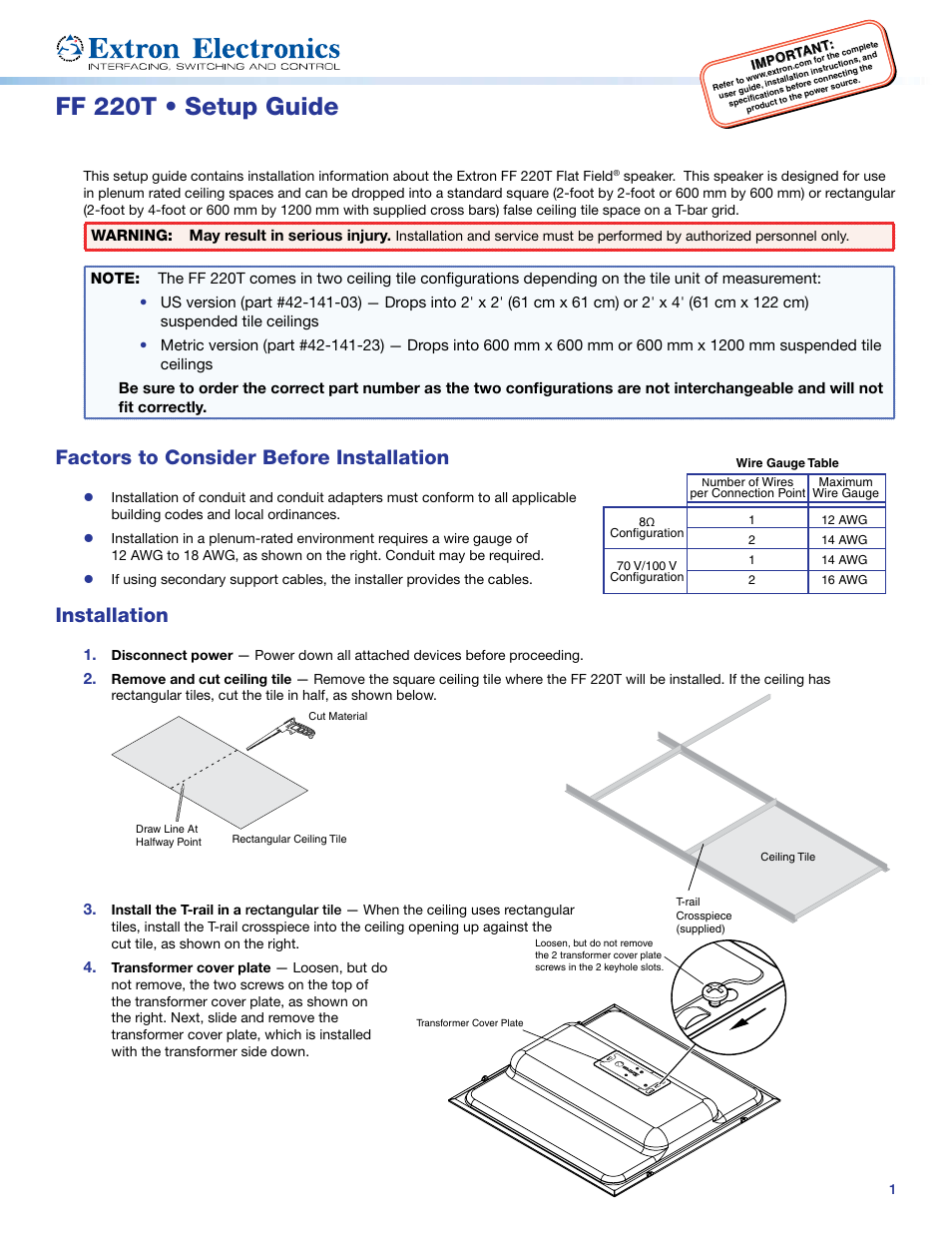 Extron Electronics FF 220T Setup Guide User Manual | 4 pages