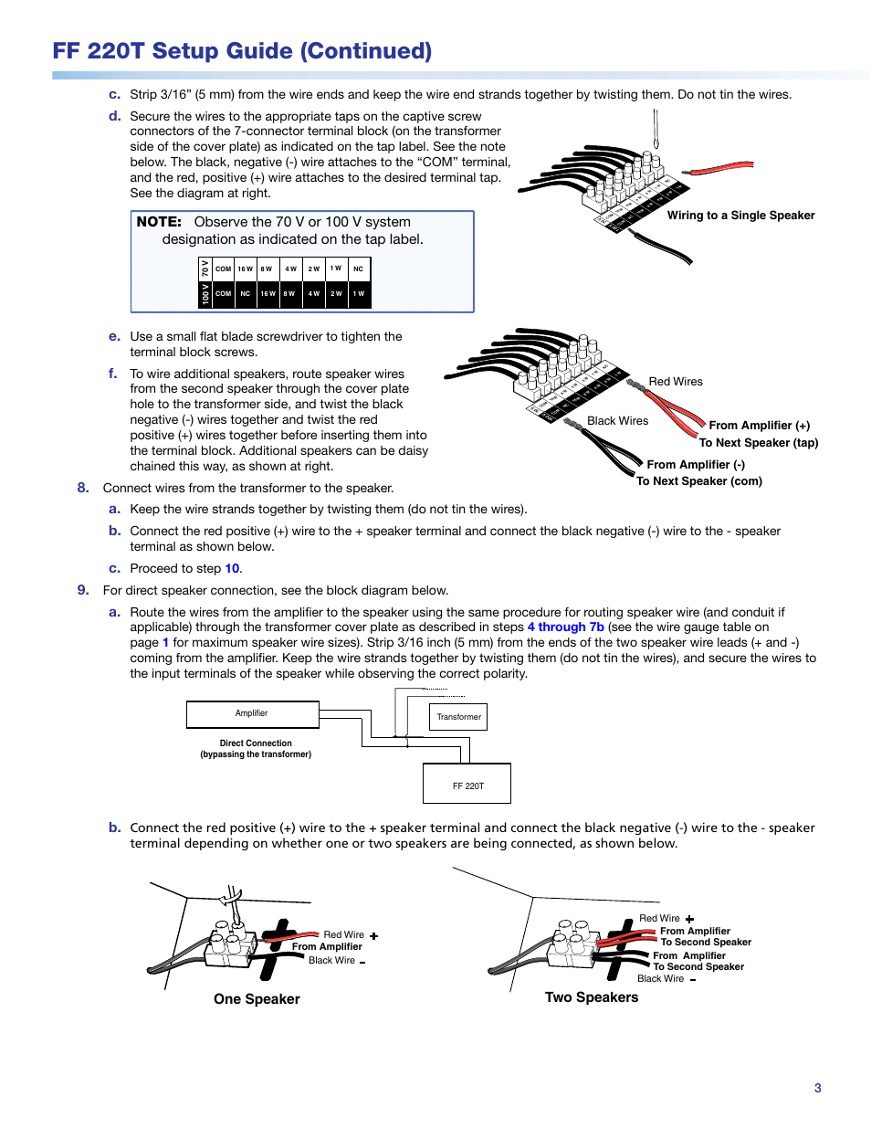 Oceed to step, Ff 220t setup guide (continued), Wiring to multiple speakers | One speaker, Two speakers, Connect wires from the transformer to the speaker, Pr oceed to step 10 | Extron Electronics FF 220T Setup Guide User Manual | Page 3 / 4