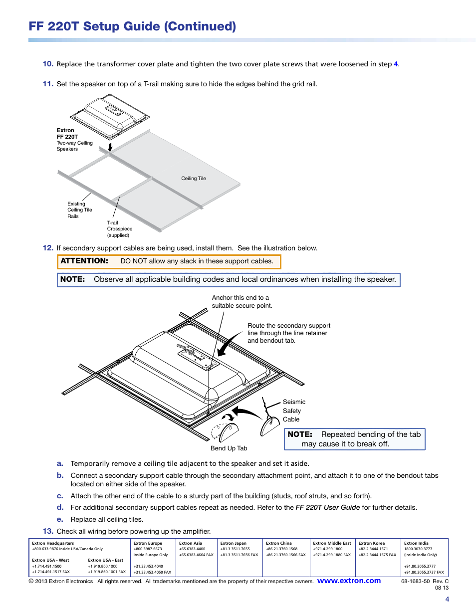 Ff 220t setup guide (continued), Attention | Extron Electronics FF 220T Setup Guide User Manual | Page 4 / 4