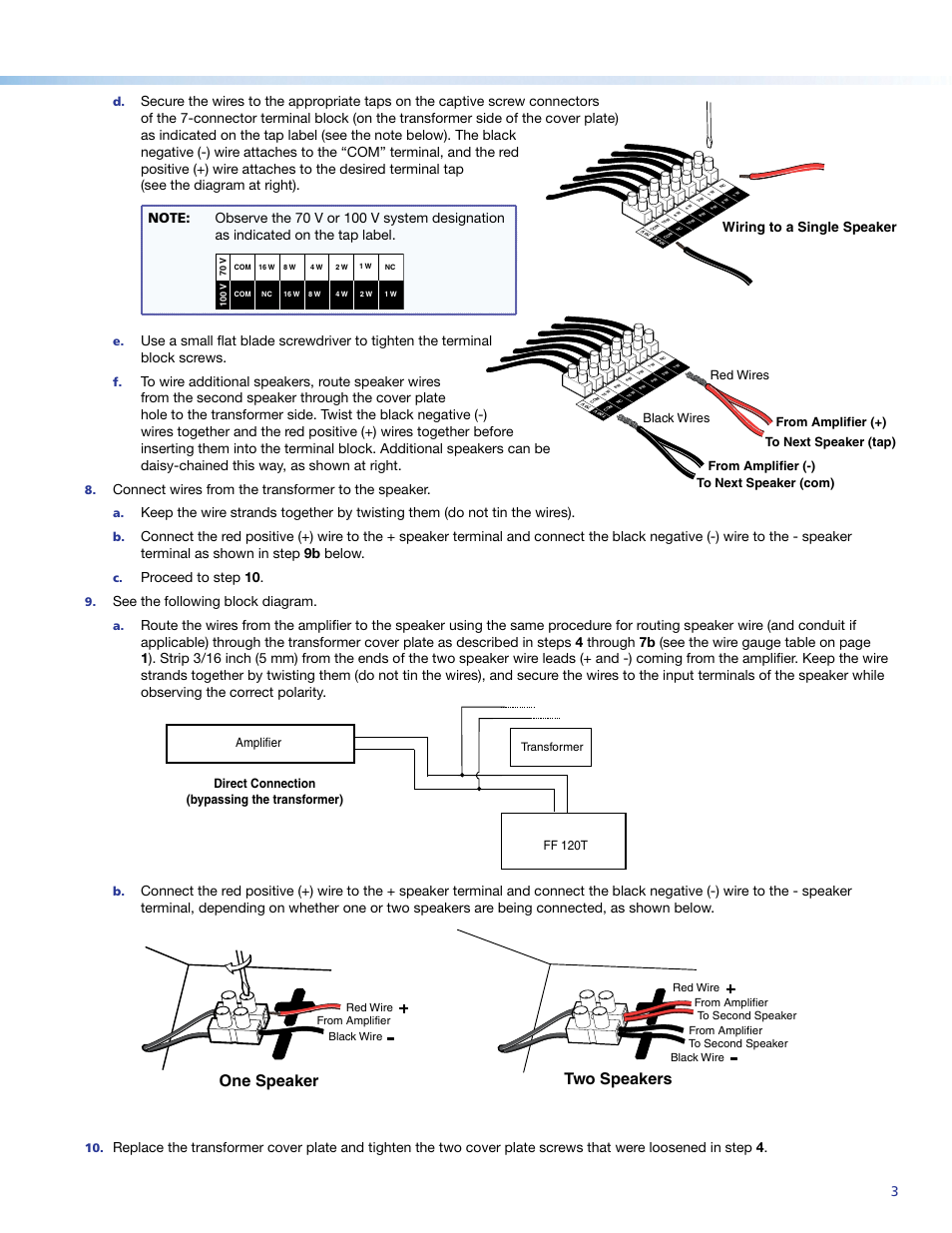 Product category, Wiring to multiple speakers, One speaker | Two speakers, Connect wires from the transformer to the speaker, Proceed to step 10, See the following block diagram, Wiring to a single speaker | Extron Electronics FF 120T User Manual | Page 3 / 4