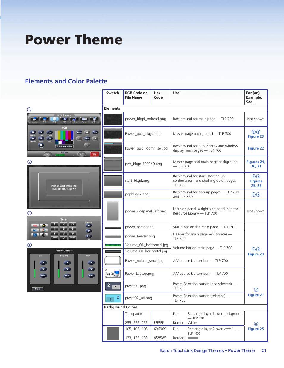 Power theme, Elements and color palette, Ab c d | Extron Electronics Extron TouchLink User Manual | Page 25 / 78