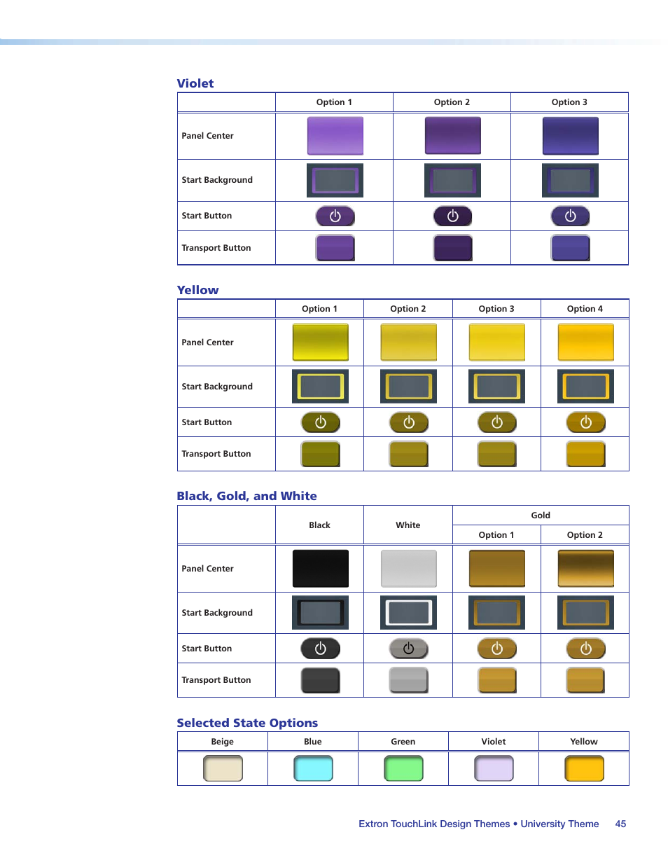 Violet, Yellow, Black, gold, and white | Selected state options | Extron Electronics Extron TouchLink User Manual | Page 49 / 78