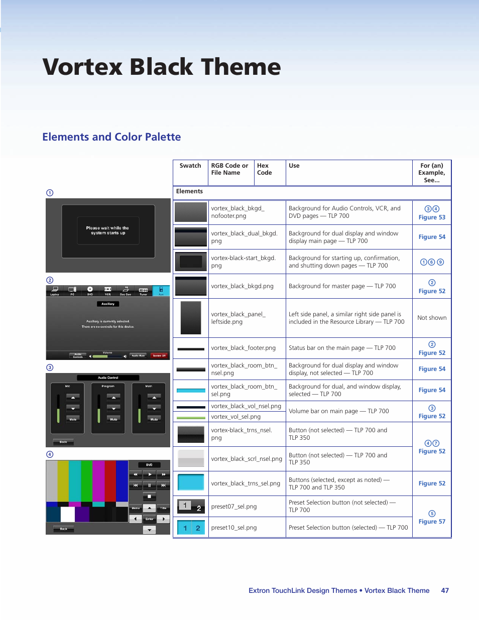 Vortex black theme, Elements and color palette, Ab c d | Af i | Extron Electronics Extron TouchLink User Manual | Page 51 / 78