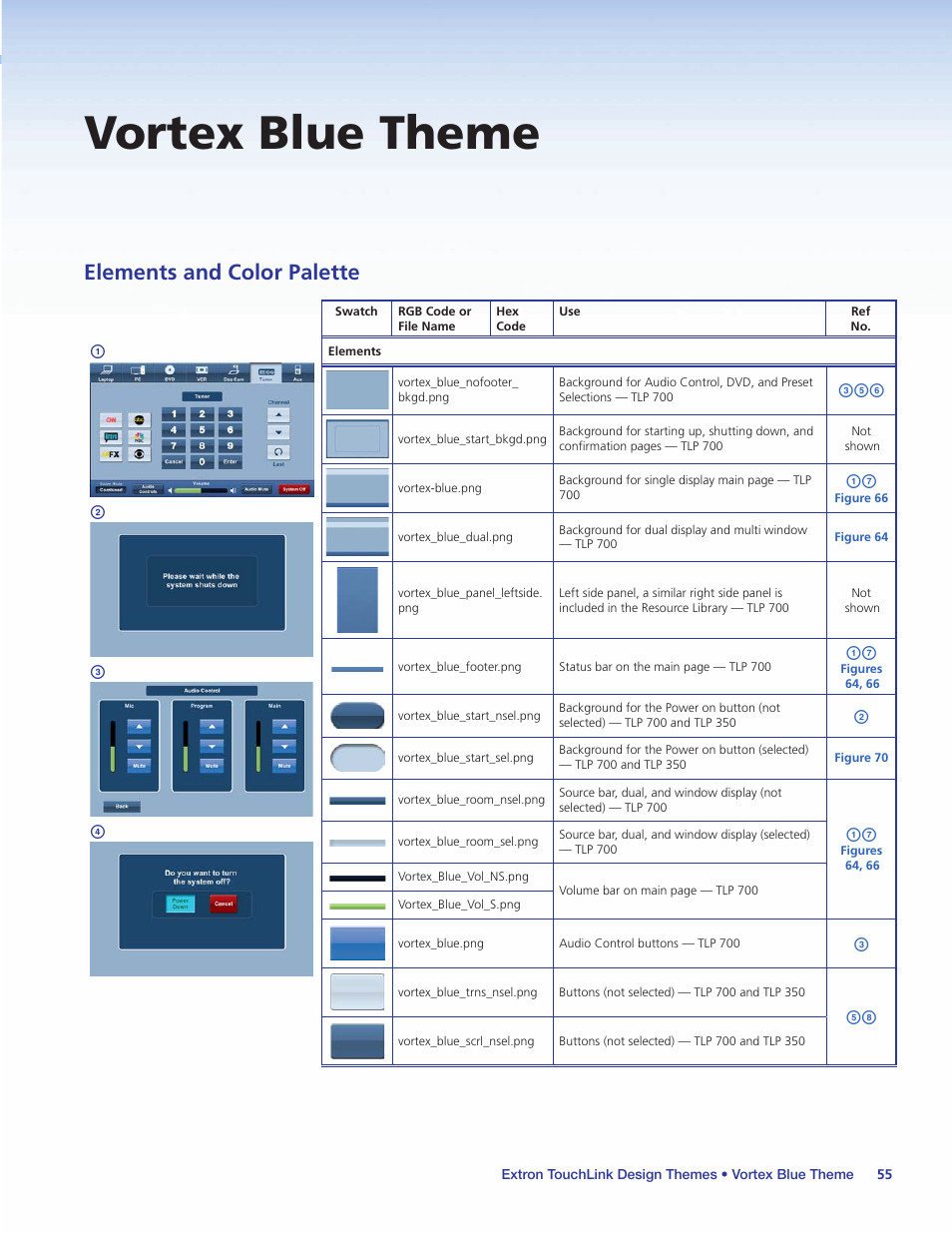 Vortex blue theme, Elements and color palette, Ab c d | Extron Electronics Extron TouchLink User Manual | Page 59 / 78