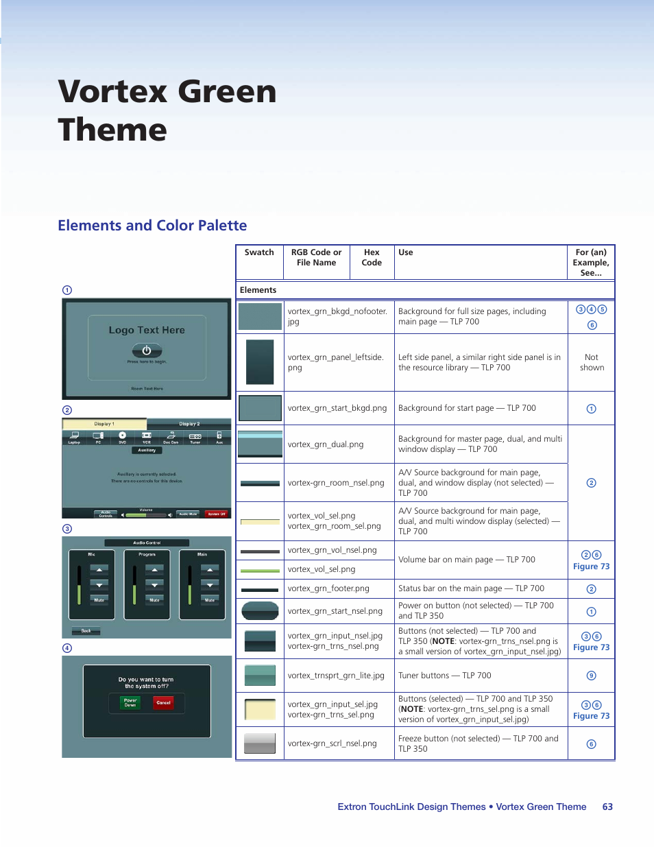 Vortex green theme, Elements and color palette | Extron Electronics Extron TouchLink User Manual | Page 67 / 78