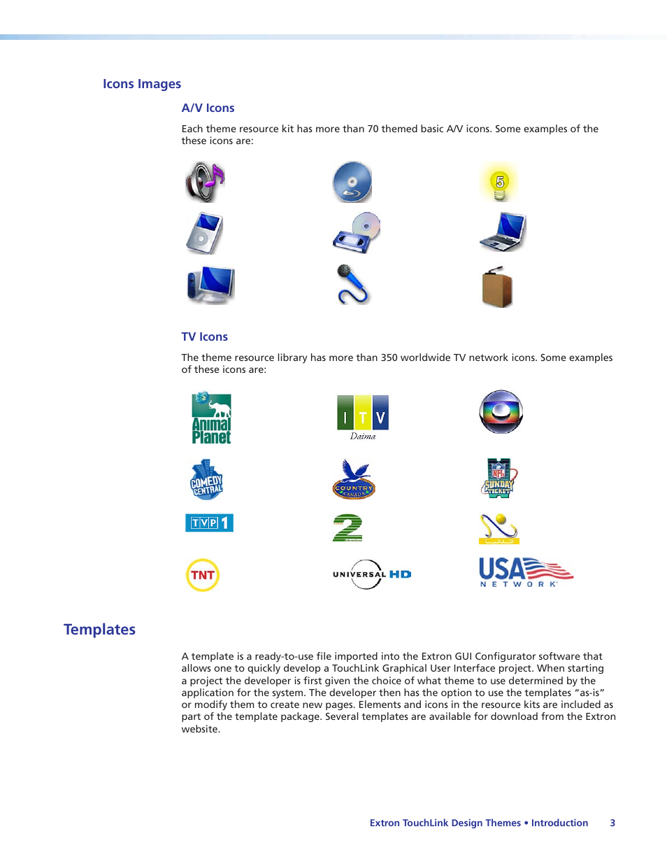 Icons images, Templates, Library of universal | Icons, as well as, common | Extron Electronics Extron TouchLink User Manual | Page 7 / 78