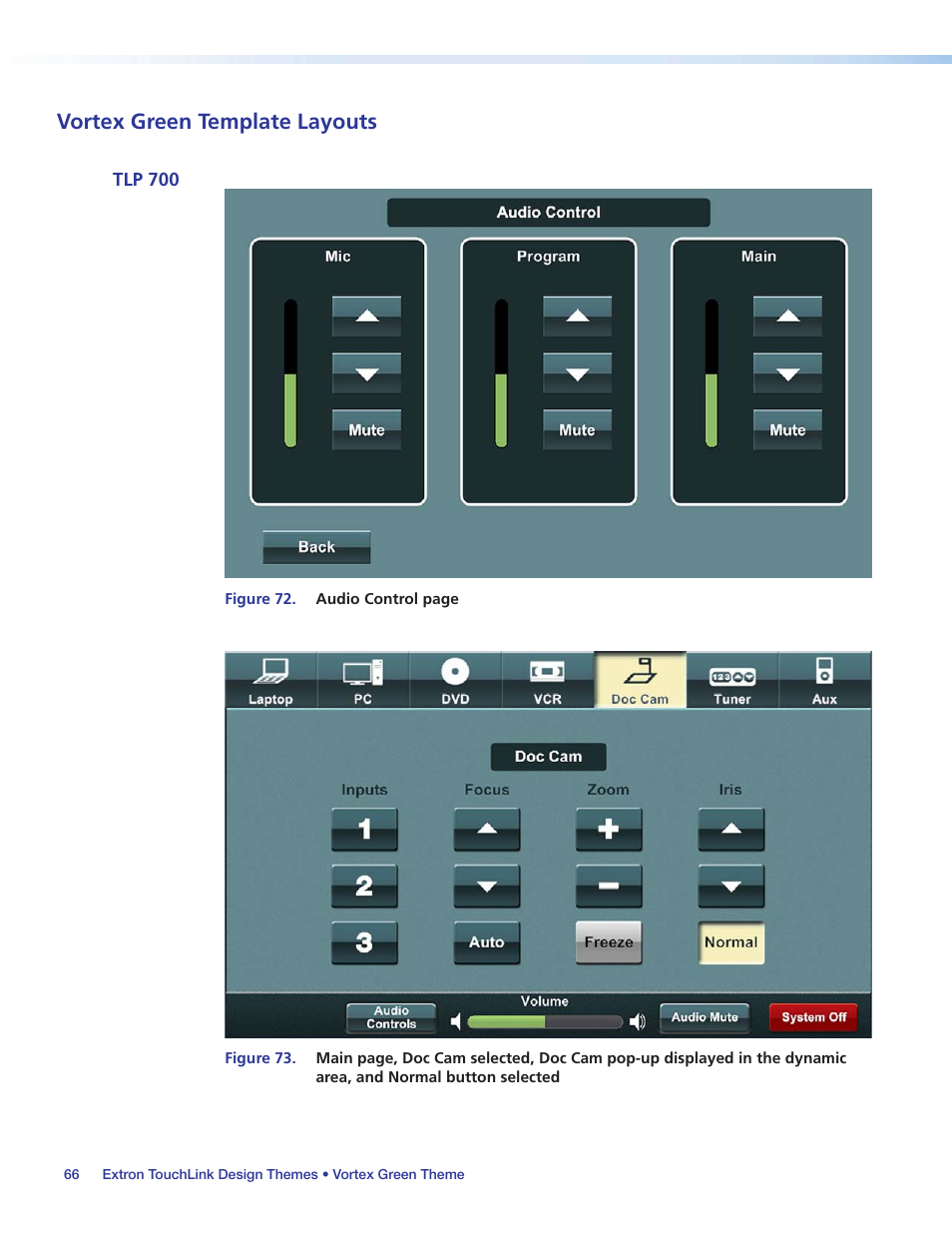 Vortex green template layouts, Tlp 700, Figure 73 | Figure 72 | Extron Electronics Extron TouchLink User Manual | Page 70 / 78