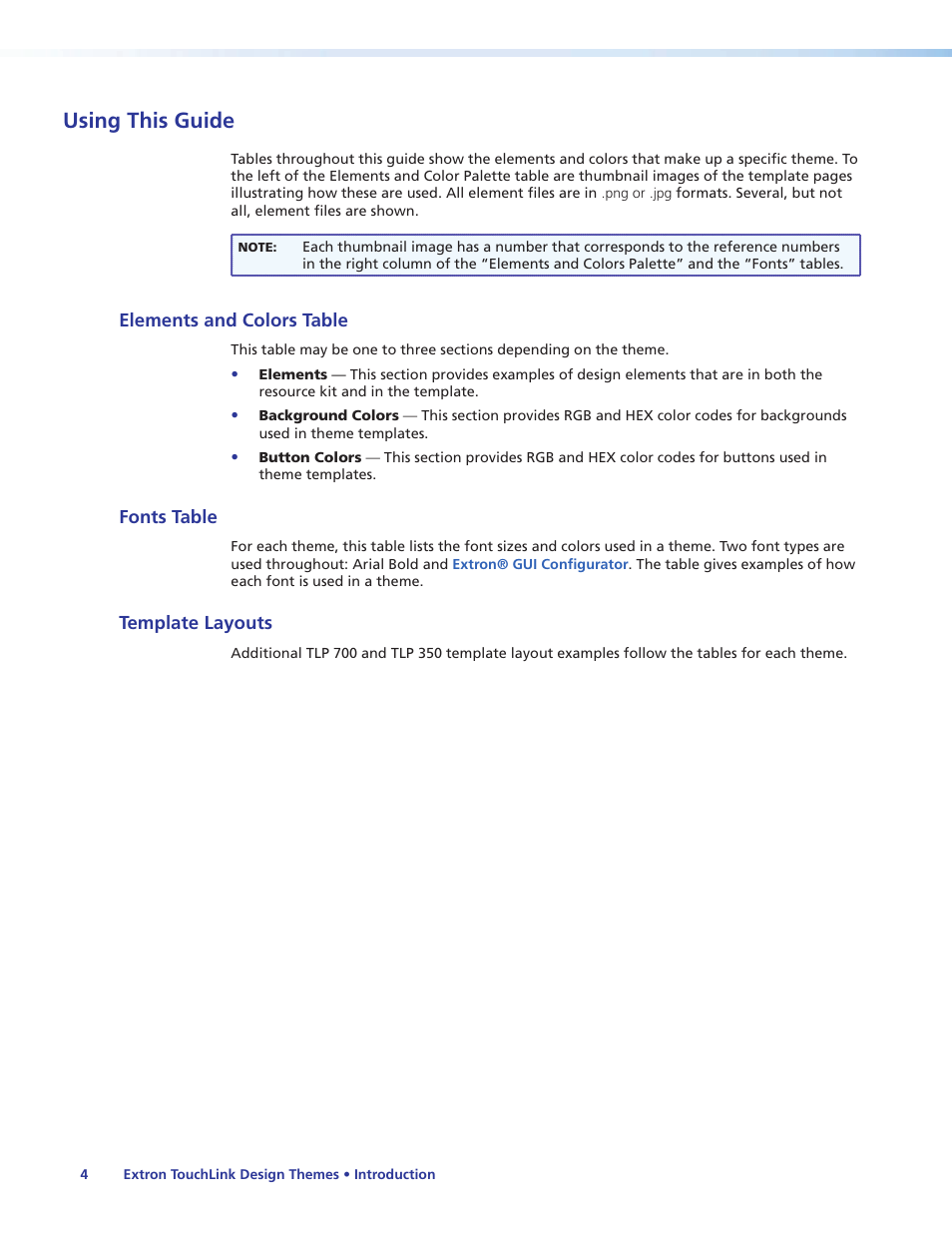 Using this guide, Elements and colors table, Fonts table | Template layouts | Extron Electronics Extron TouchLink User Manual | Page 8 / 78