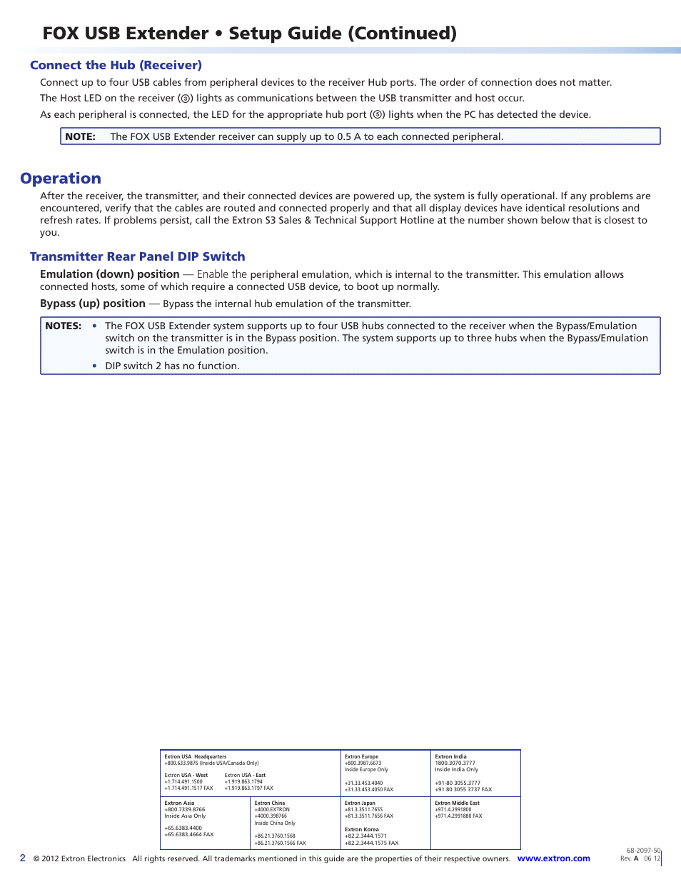 Fox usb extender • setup guide (continued), Operation, Connect the hub (receiver) | Transmitter rear panel dip switch | Extron Electronics FOX USB Extender Setup Guide User Manual | Page 2 / 2