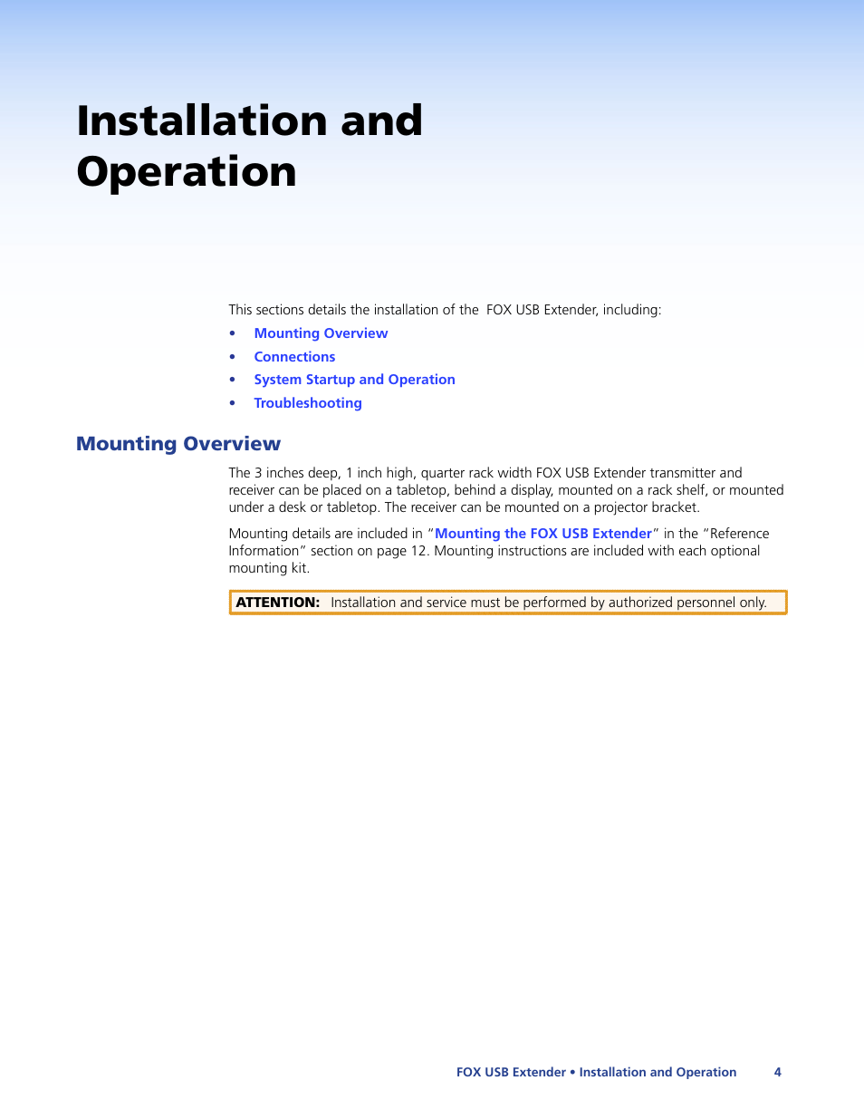 Installation and operation, Mounting overview | Extron Electronics FOX USB Extender User Guide User Manual | Page 10 / 19