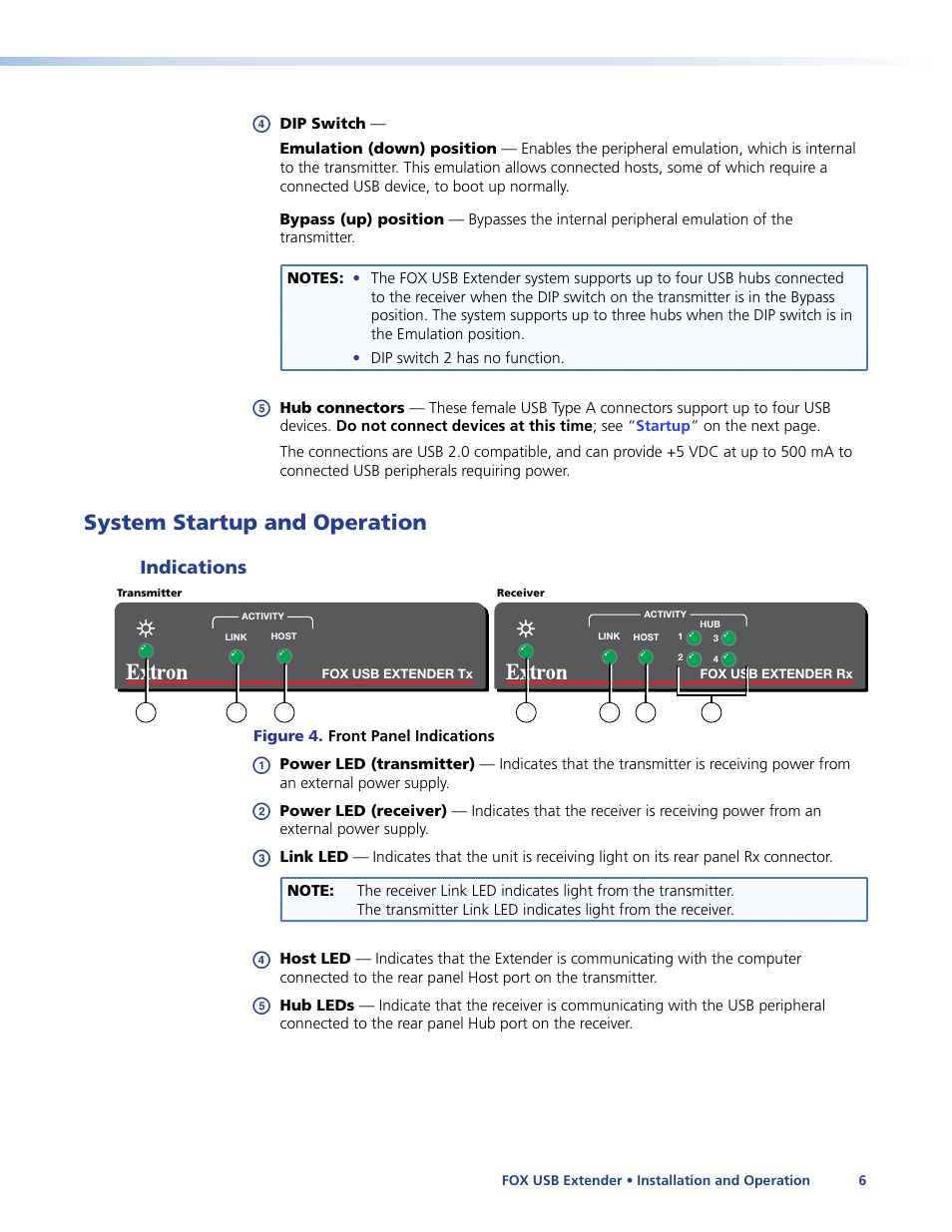 System startup and operation, Indications | Extron Electronics FOX USB Extender User Guide User Manual | Page 12 / 19