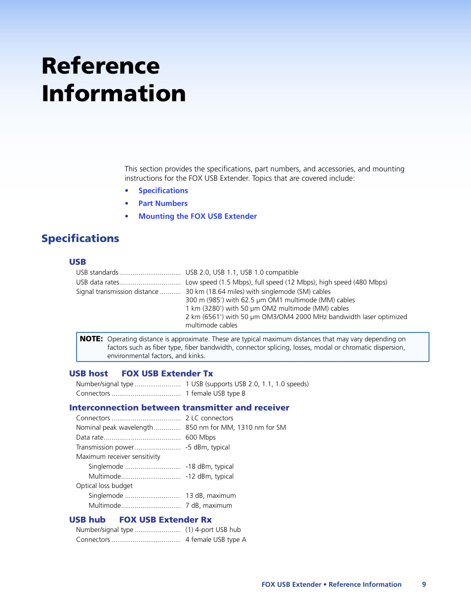 Reference information, Specifications | Extron Electronics FOX USB Extender User Guide User Manual | Page 15 / 19