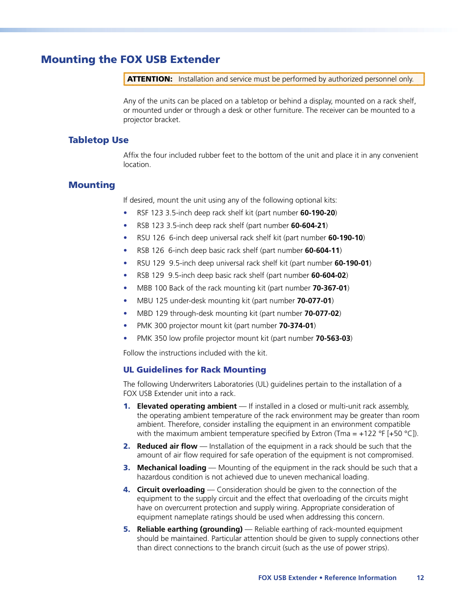 Mounting the fox usb extender, Tabletop use, Mounting | Tabletop use mounting, E included in | Extron Electronics FOX USB Extender User Guide User Manual | Page 18 / 19