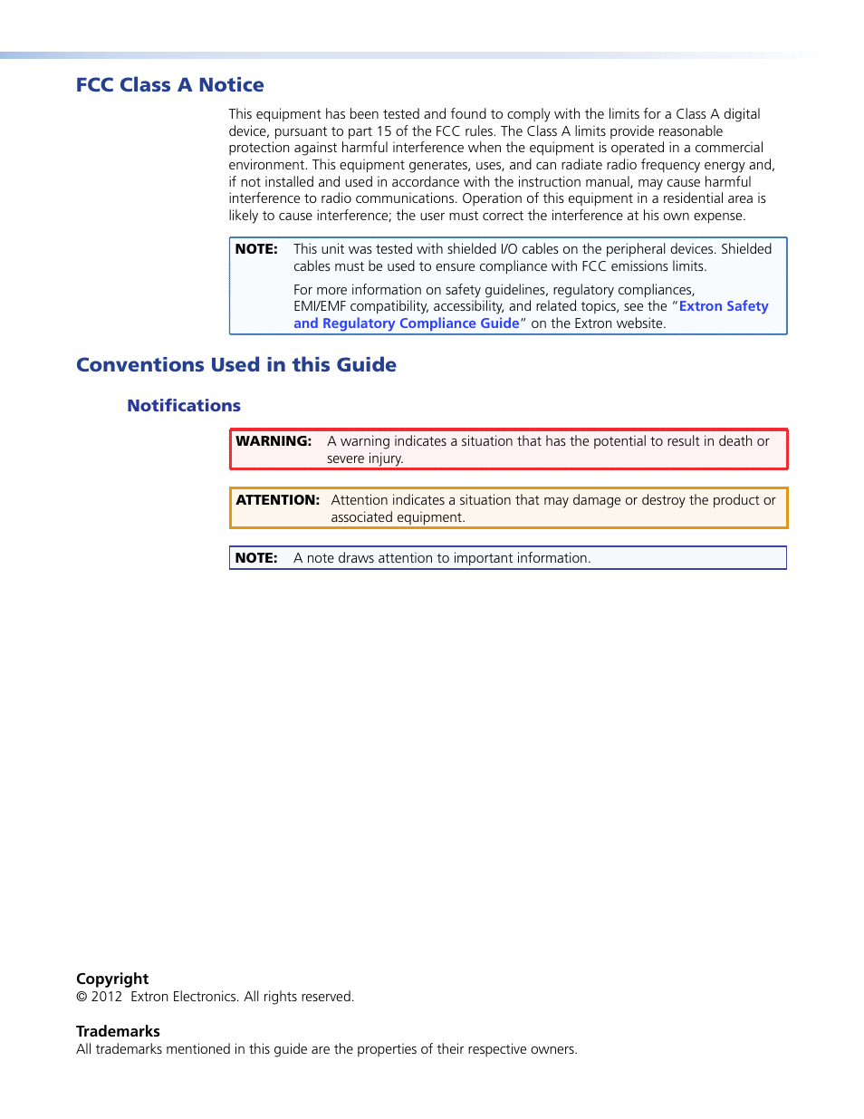 Fcc class a notice, Conventions used in this guide | Extron Electronics FOX USB Extender User Guide User Manual | Page 3 / 19