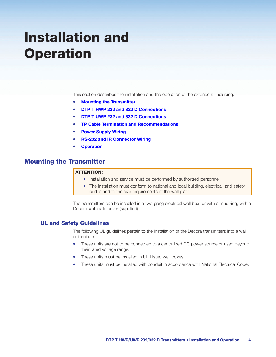 Installation and operation, Mounting the transmitter, Ul and safety guidelines | Extron Electronics DTP T UWP 232_332 D User Guide User Manual | Page 10 / 31