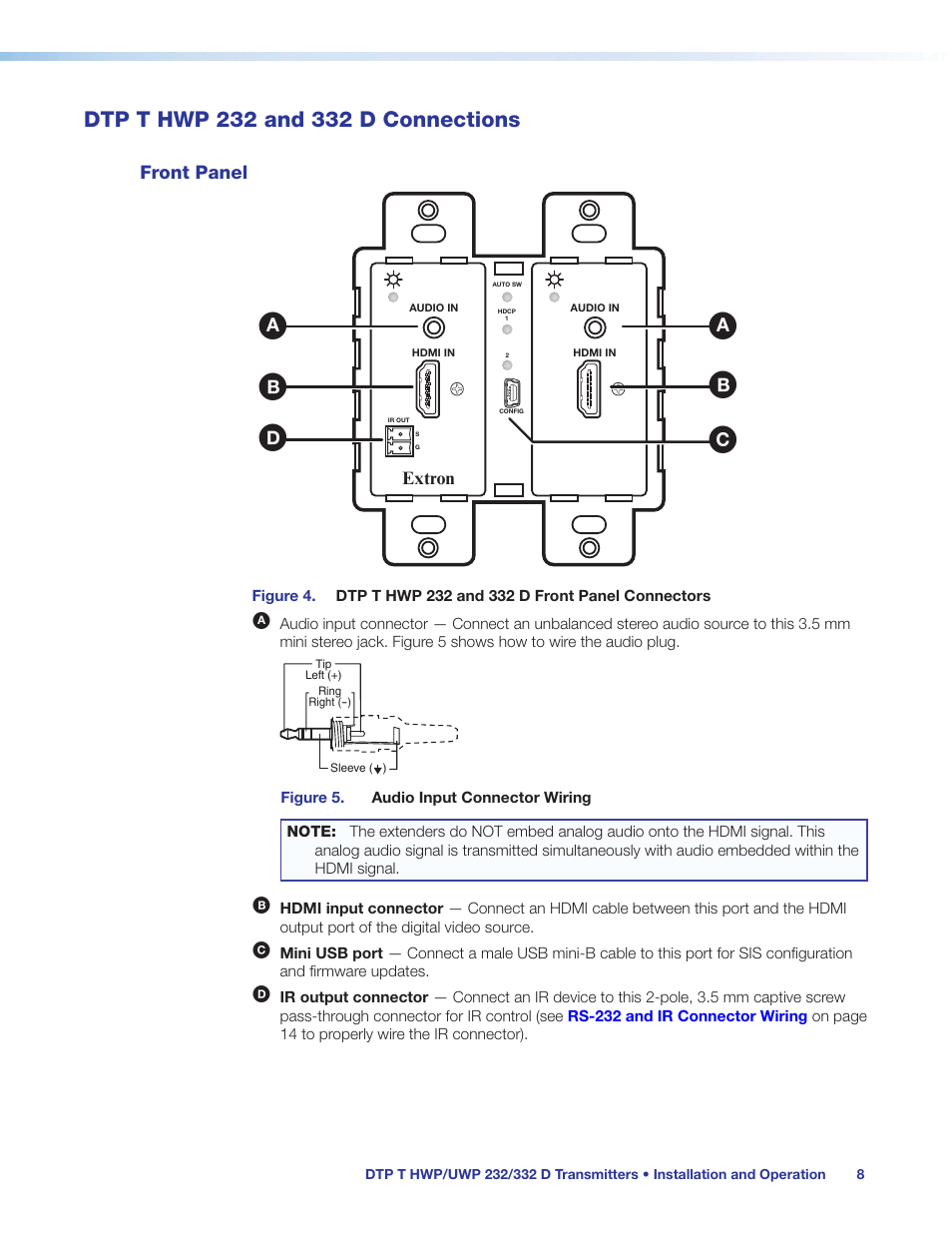 Dtp t hwp 232 and 332 d connections, Front panel | Extron Electronics DTP T UWP 232_332 D User Guide User Manual | Page 14 / 31