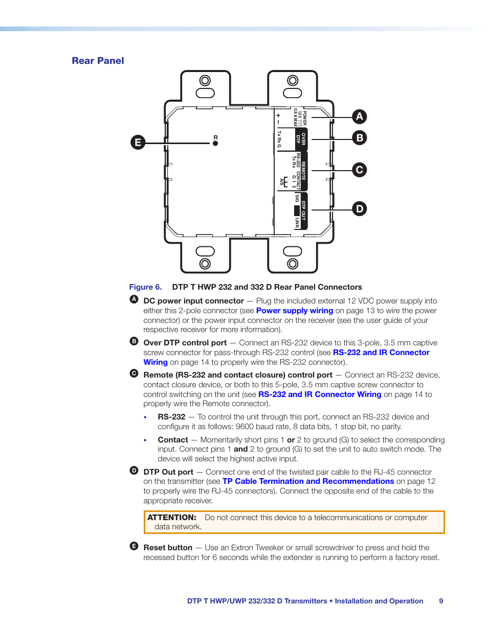 Rear panel, Front panel, Ea b c d | Extron Electronics DTP T UWP 232_332 D User Guide User Manual | Page 15 / 31