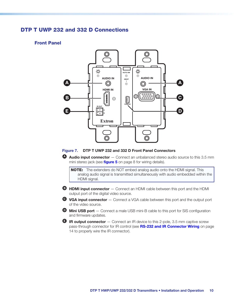 Dtp t uwp 232 and 332 d connections, Front panel, For connector | Extron Electronics DTP T UWP 232_332 D User Guide User Manual | Page 16 / 31