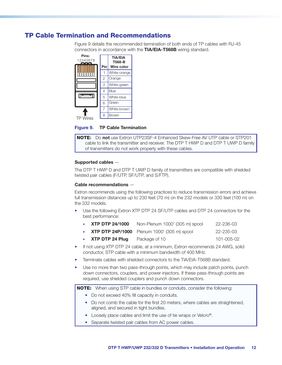 Tp cable termination and recommendations, Tp cable termination and, Recommendations | On the transmitter (see | Extron Electronics DTP T UWP 232_332 D User Guide User Manual | Page 18 / 31