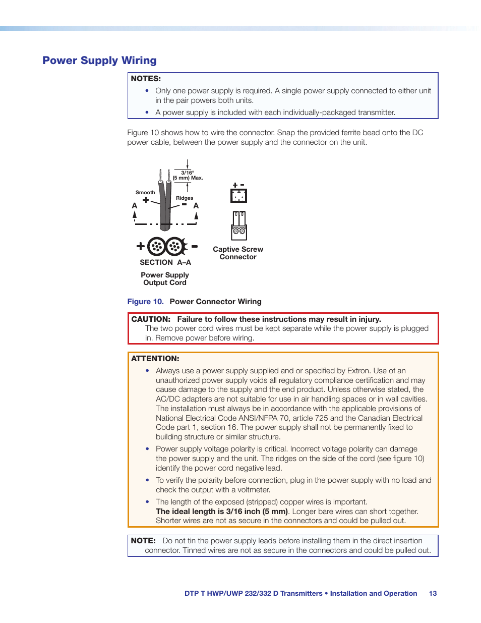 Power supply wiring | Extron Electronics DTP T UWP 232_332 D User Guide User Manual | Page 19 / 31