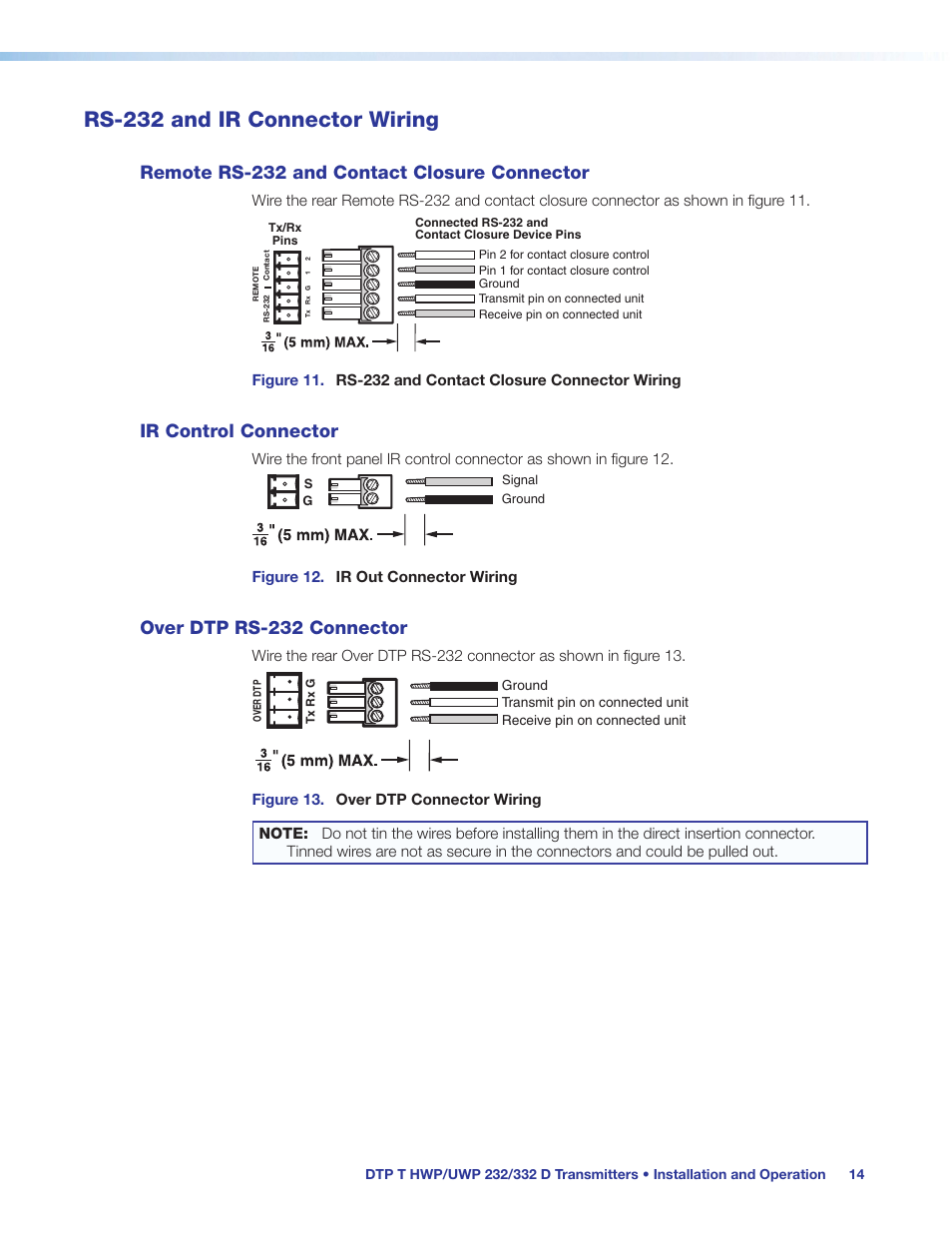 Rs-232 and ir connector wiring, Remote rs-232 and contact closure, Connector | Ir control connector, Over dtp rs-232 connector, Ol (see, Rs-232 and ir connector, Wiring, Ol switching on the unit (see, Remote rs-232 and contact closure connector | Extron Electronics DTP T UWP 232_332 D User Guide User Manual | Page 20 / 31