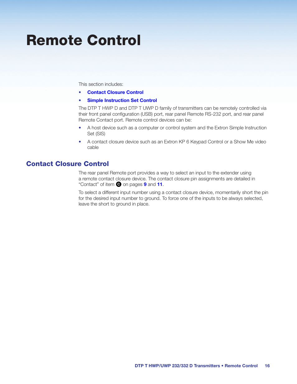 Remote control, Contact closure control | Extron Electronics DTP T UWP 232_332 D User Guide User Manual | Page 22 / 31