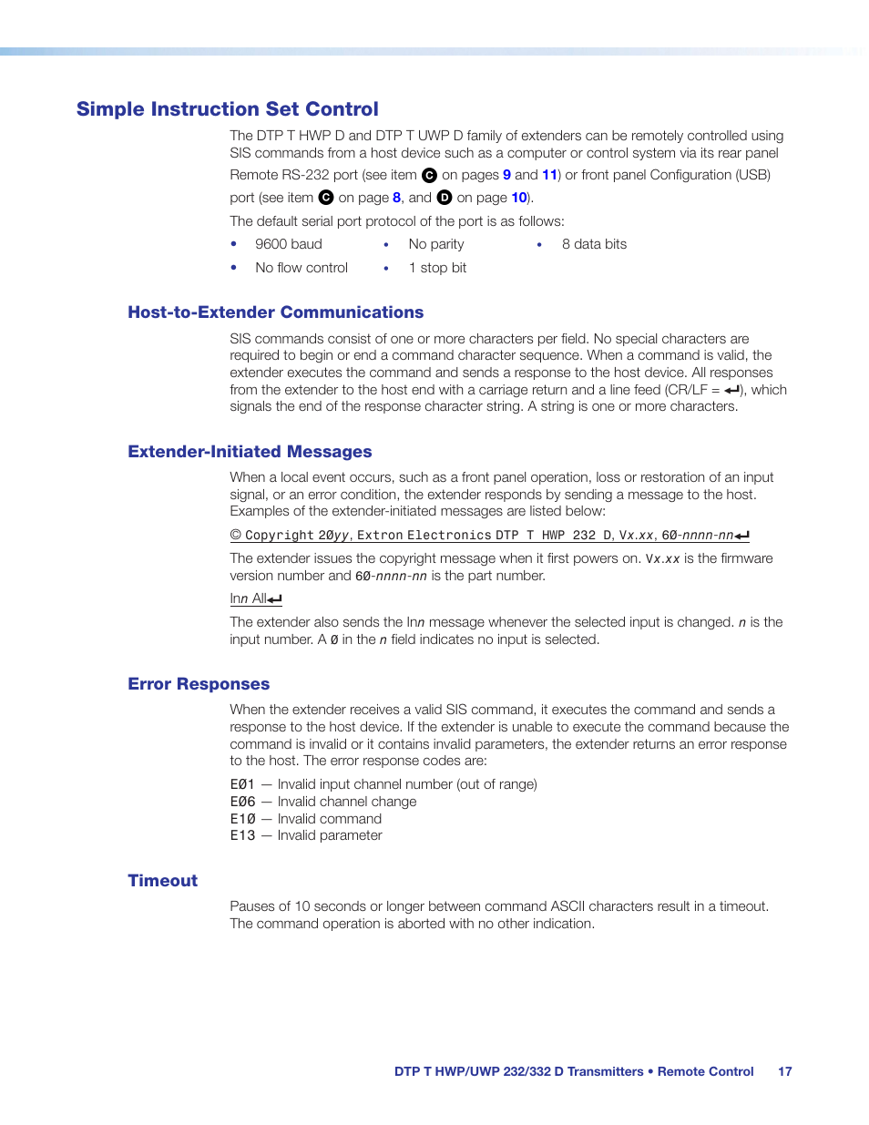 Simple instruction set control, Host-to-switcher communications, Switcher-initiated messages | Error responses, Timeout, Host-to-extender communications, Extender-initiated messages | Extron Electronics DTP T UWP 232_332 D User Guide User Manual | Page 23 / 31