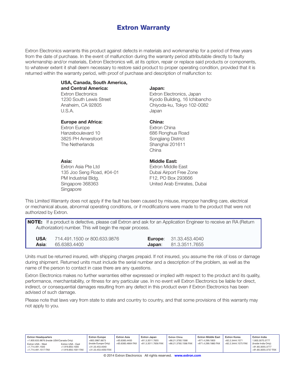 Extron warranty | Extron Electronics DTP T UWP 232_332 D User Guide User Manual | Page 31 / 31