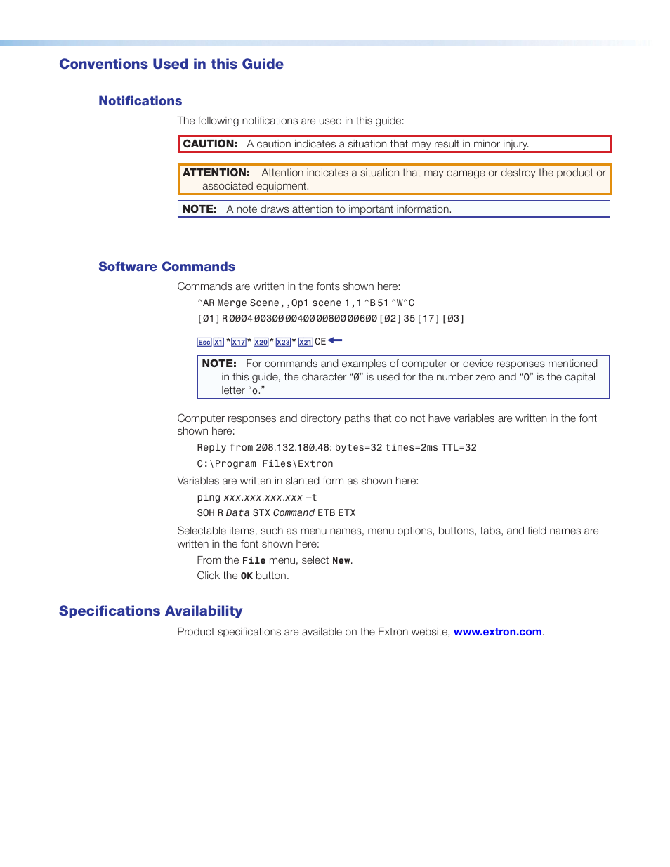 Conventions used in this guide, Notifications, Software commands | Specifications availability | Extron Electronics DTP T UWP 232_332 D User Guide User Manual | Page 4 / 31