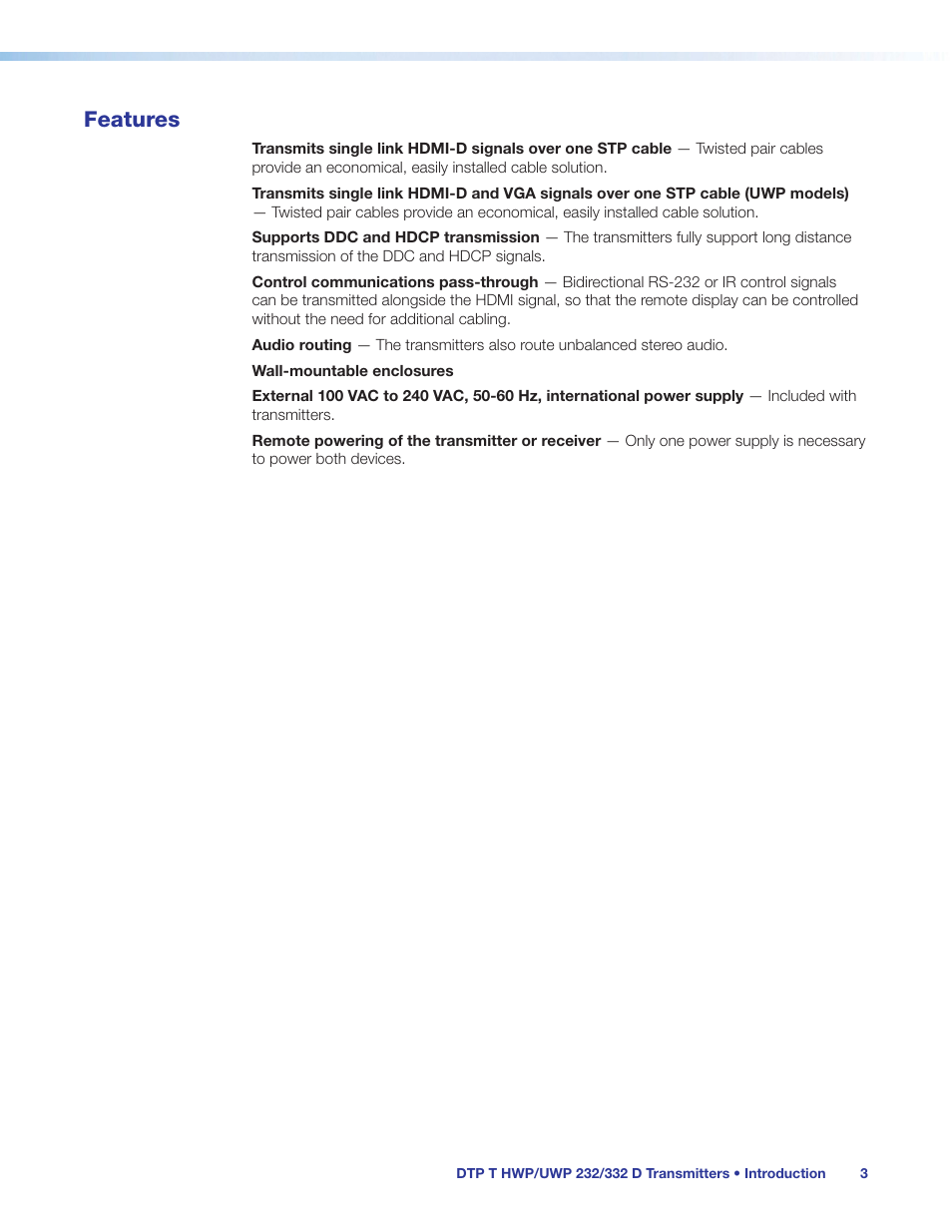Features | Extron Electronics DTP T UWP 232_332 D User Guide User Manual | Page 9 / 31