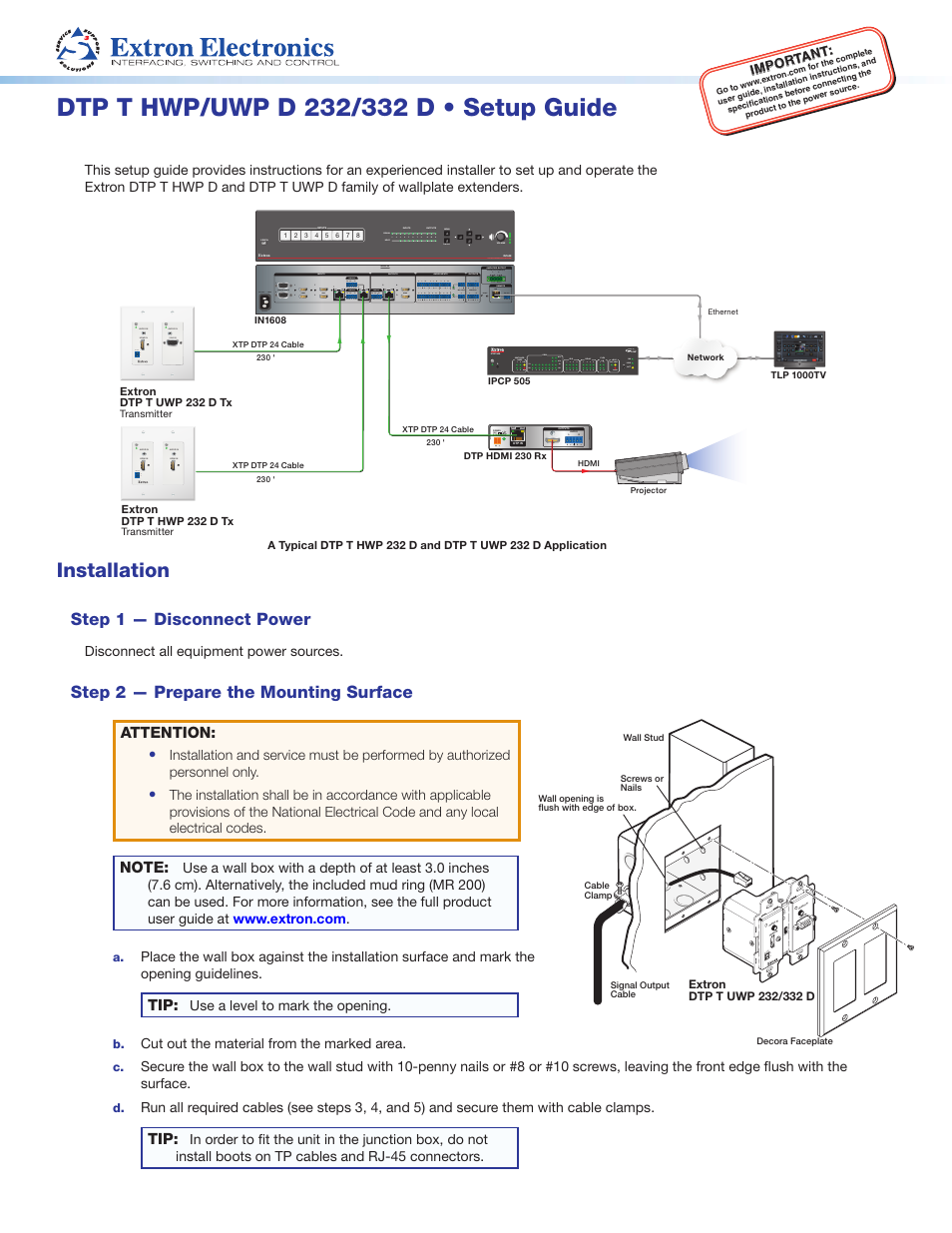 Extron Electronics DTP T UWP 232_332 D Setup Guide User Manual | 4 pages