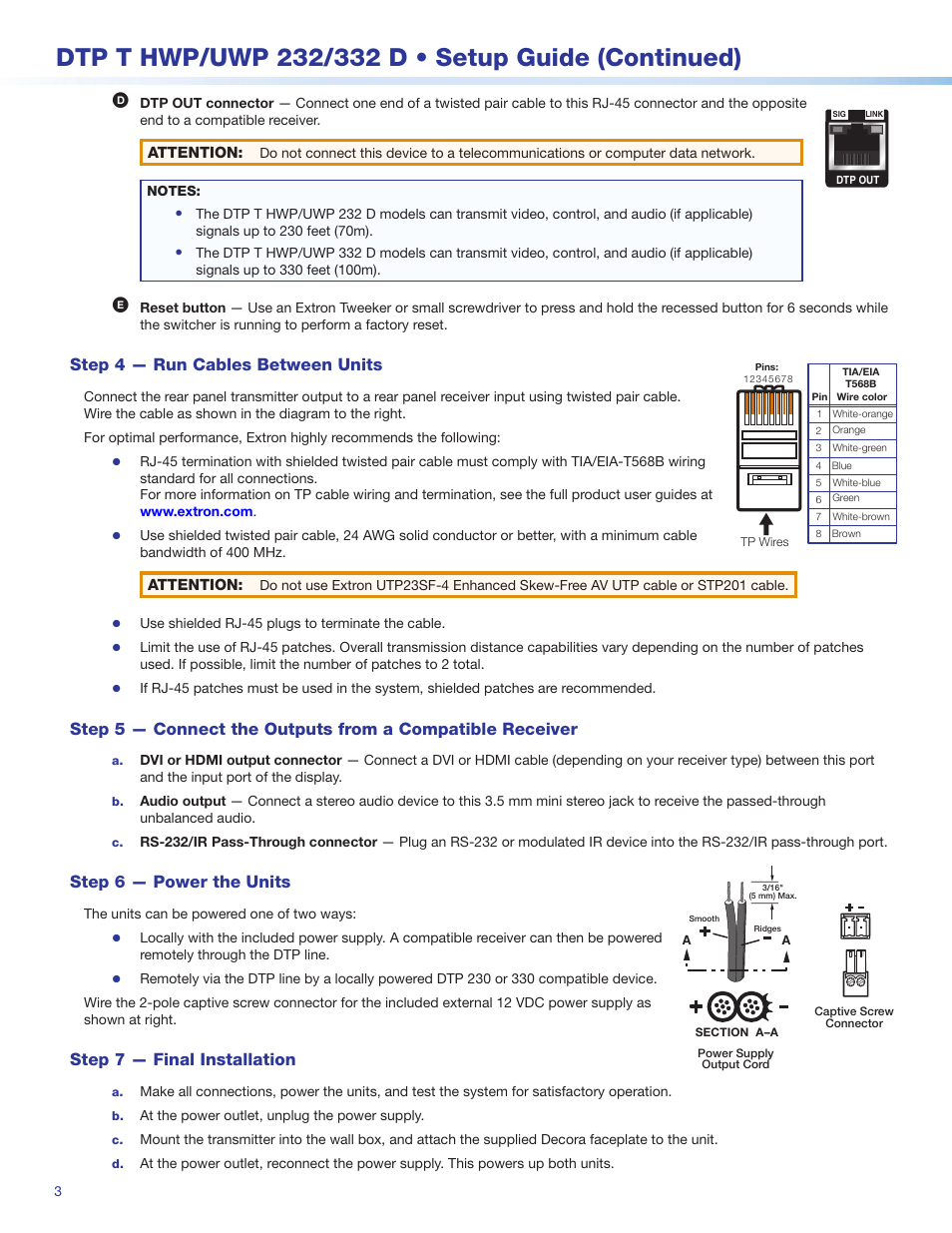 Step 4 — run cables between units, Step 6 — power the units, Step 7 — final installation | Extron Electronics DTP T UWP 232_332 D Setup Guide User Manual | Page 3 / 4
