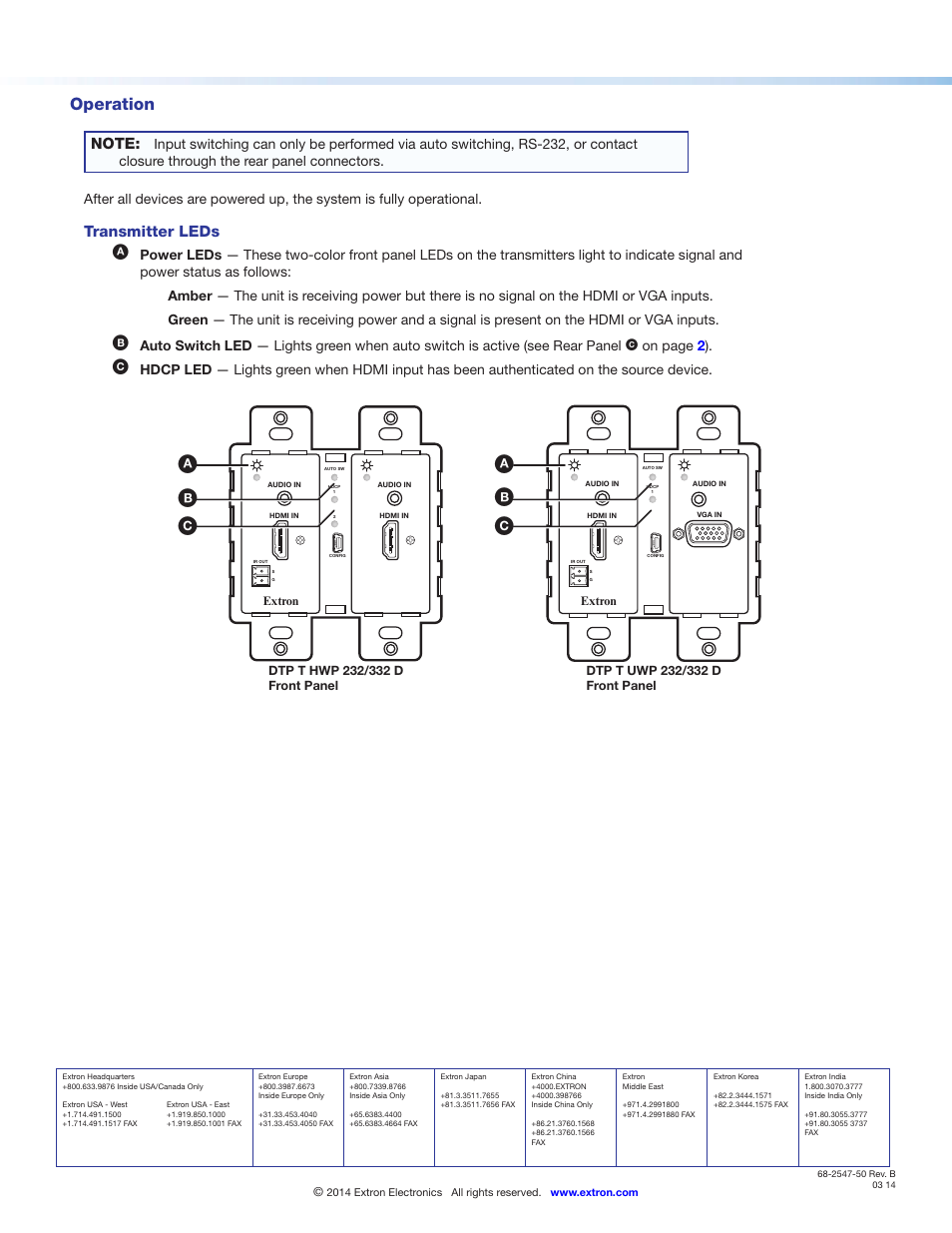 A b c, Operation, Transmitter leds | Extron Electronics DTP T UWP 232_332 D Setup Guide User Manual | Page 4 / 4