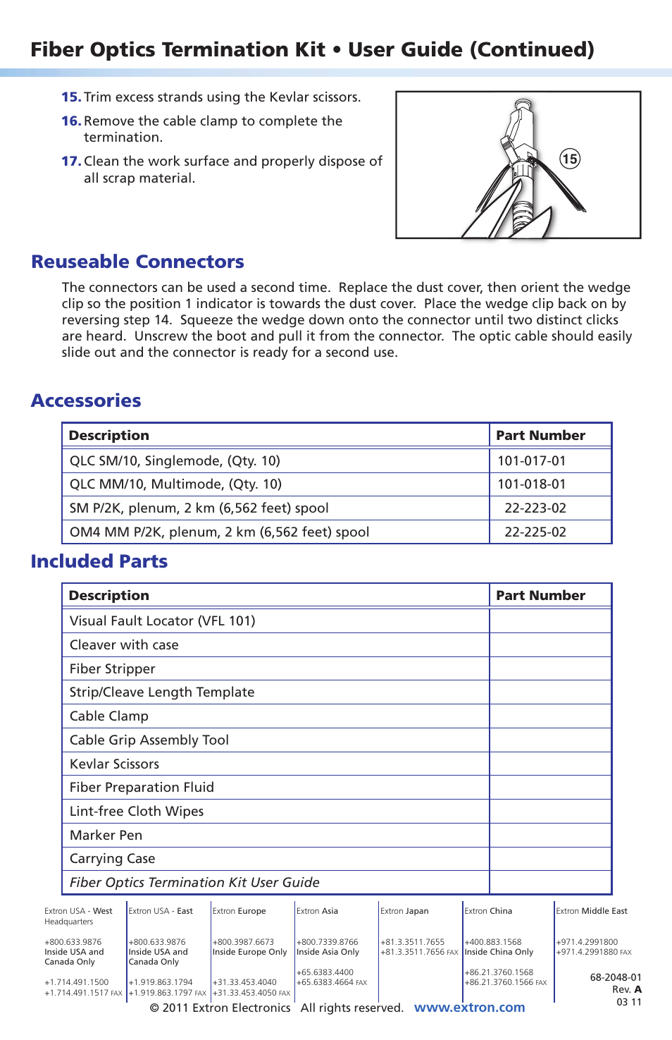 Accessories, Included parts, Reuseable connectors | Extron Electronics Fiber Optic Termination Kit User Manual | Page 4 / 4