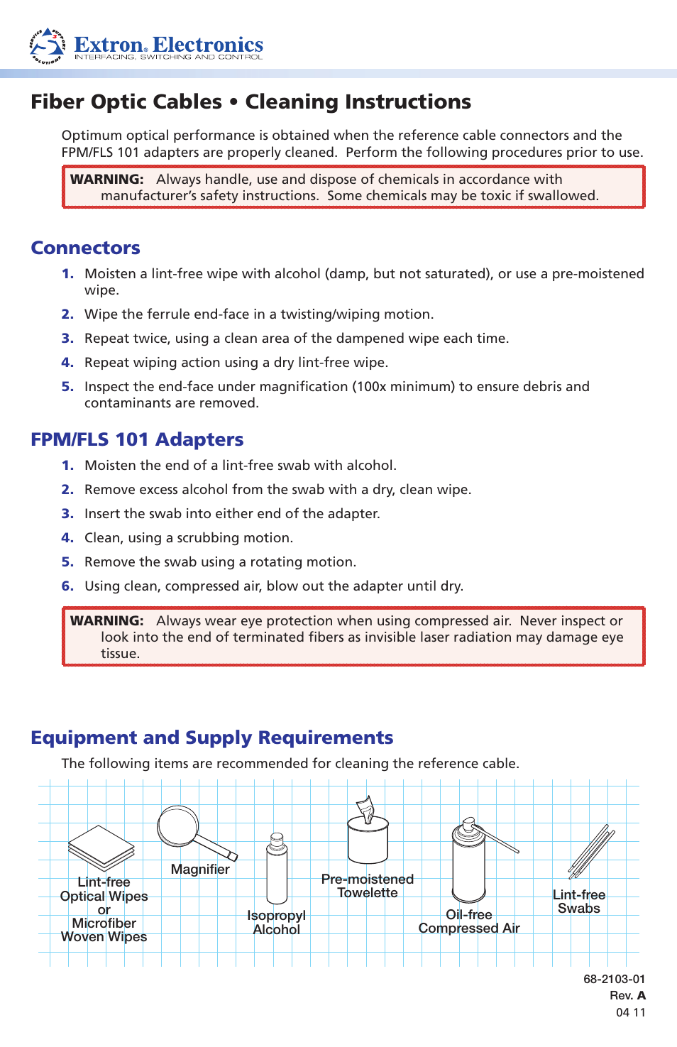 Extron Electronics Fiber Optic Cables Cleaning User Manual | 1 page