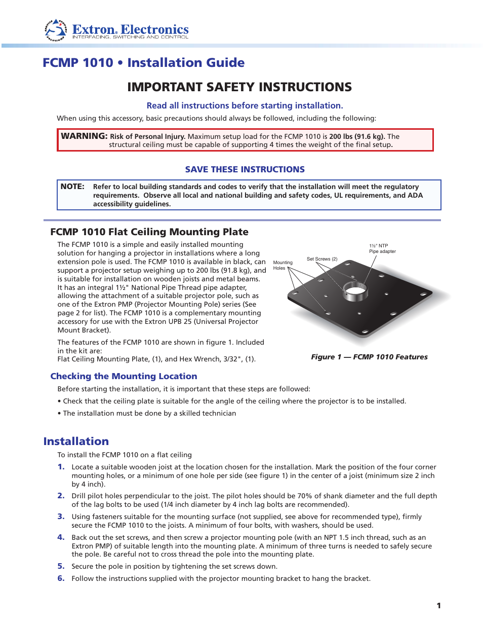 Extron Electronics FCMP 1010 User Manual | 2 pages