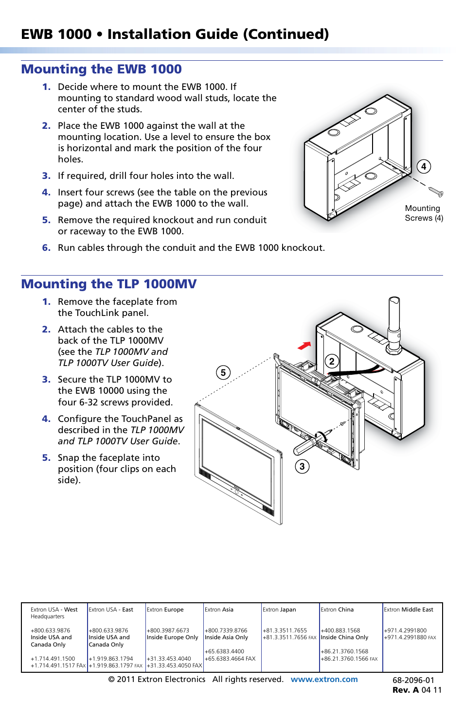 Mounting the ewb 1000, Mounting the tlp 1000mv, Extron contact information | Ewb 1000 • installation guide (continued) | Extron Electronics EWB 1000 User Manual | Page 2 / 2