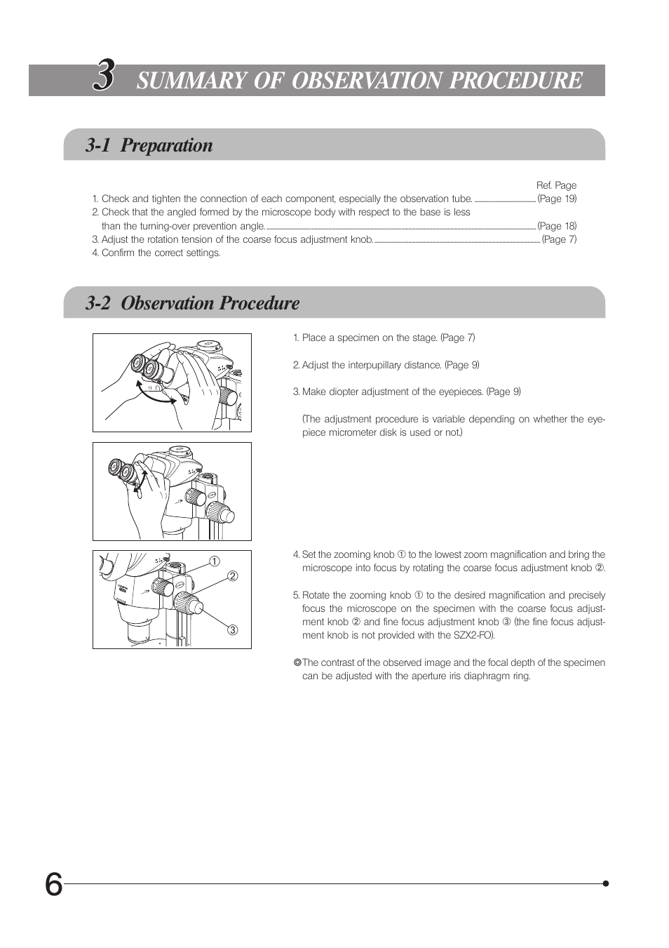 Summary of observation procedure, 1 preparation 3-2 observation procedure | Olympus SZX10 User Manual | Page 10 / 36