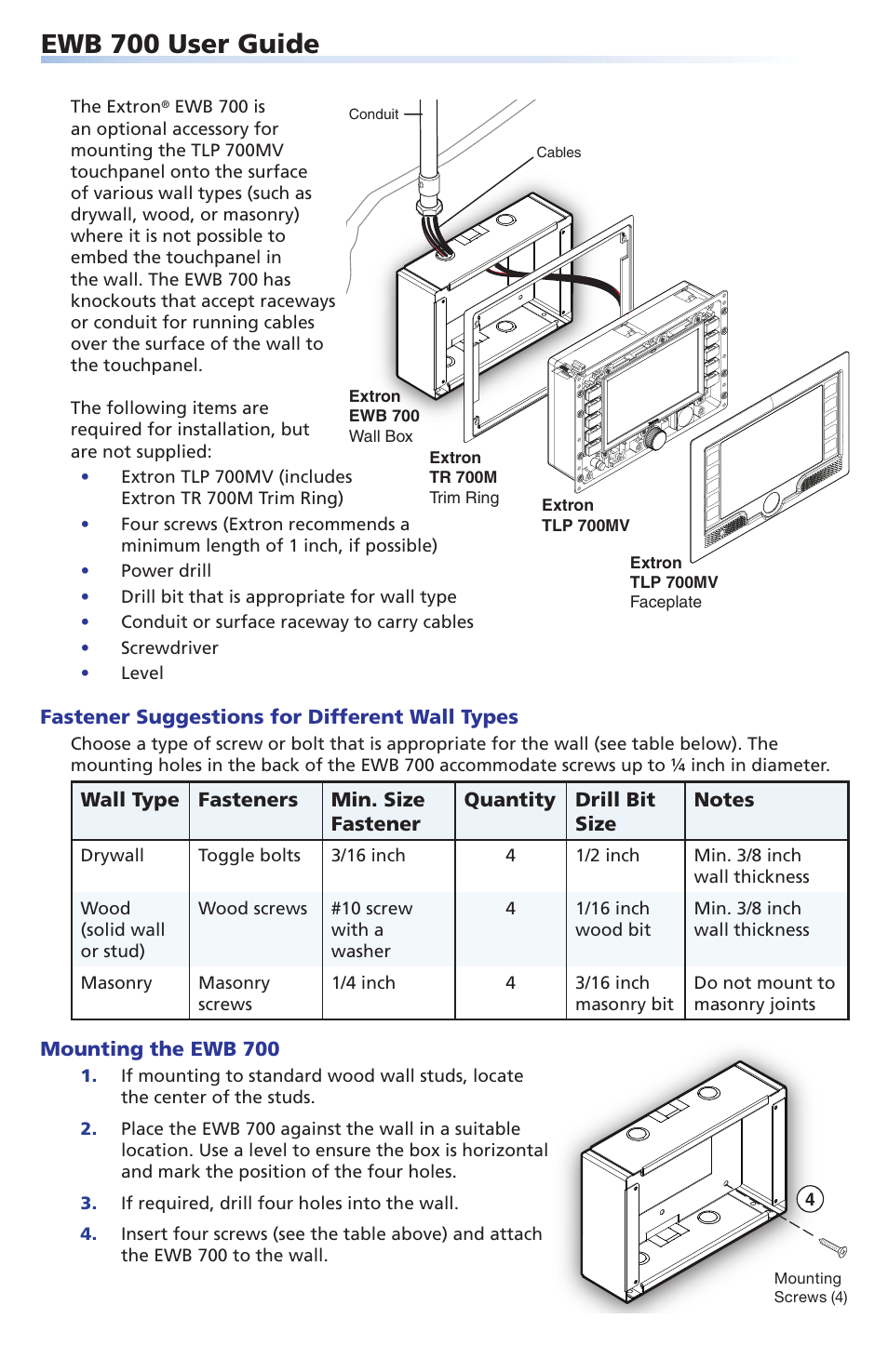 Extron Electronics EWB 700 User Manual | 2 pages