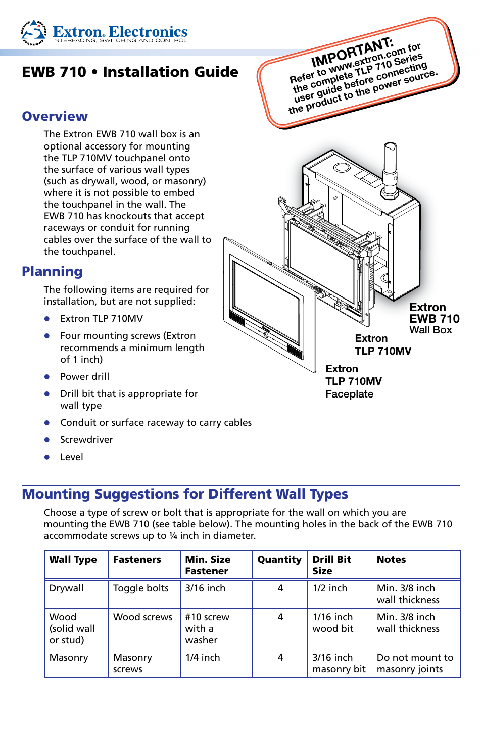 Extron Electronics EWB 710 User Manual | 2 pages