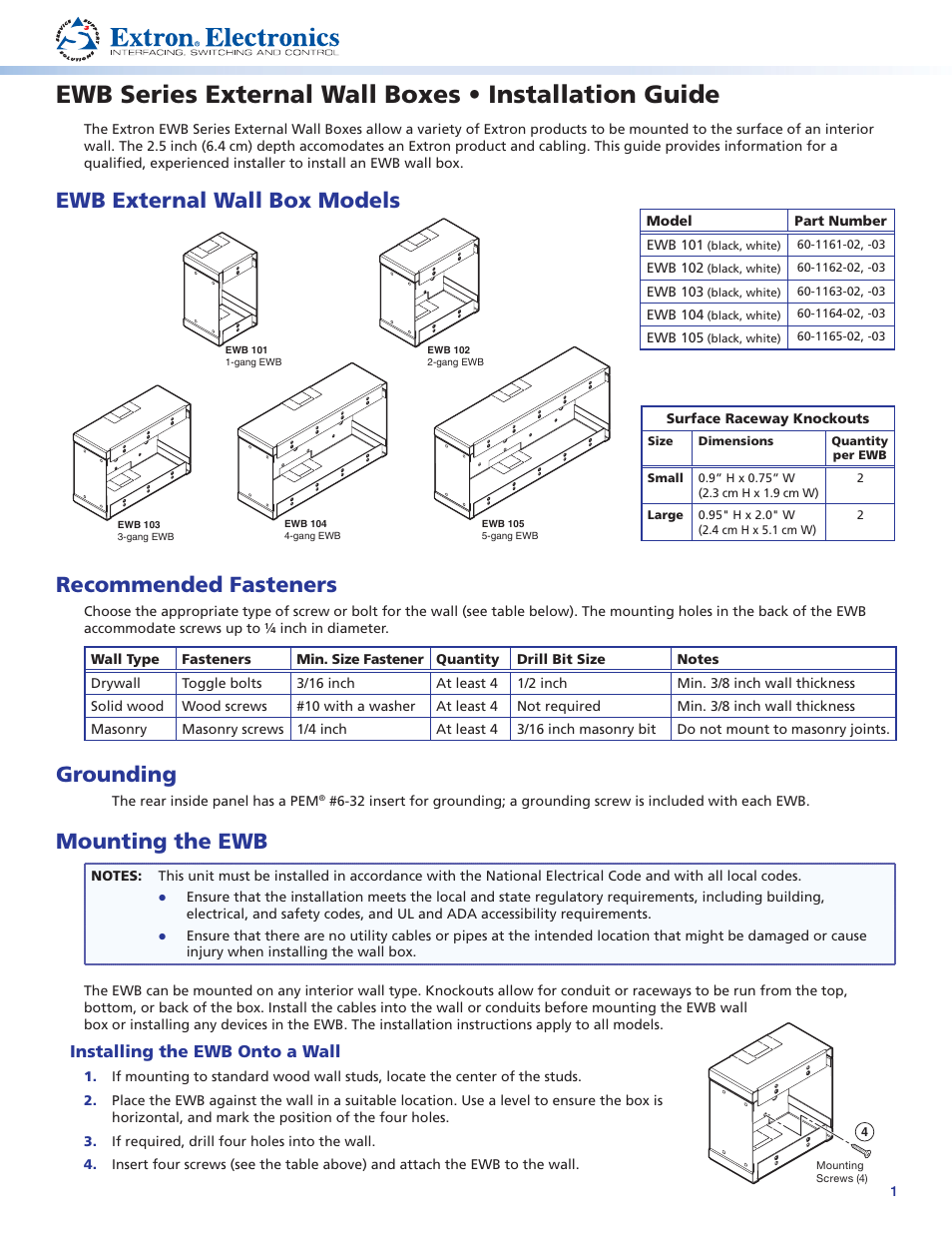 Extron Electronics EWB Series External Wall Boxes User Manual | 2 pages