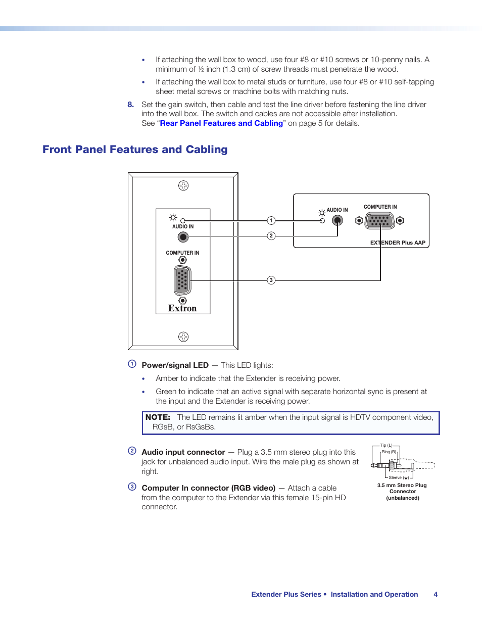 Front panel features and cabling | Extron Electronics Extender Plus Series User Guide User Manual | Page 10 / 23