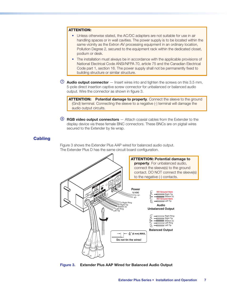 Cabling, Audio unbalanced output, Balanced output | Power | Extron Electronics Extender Plus Series User Guide User Manual | Page 13 / 23