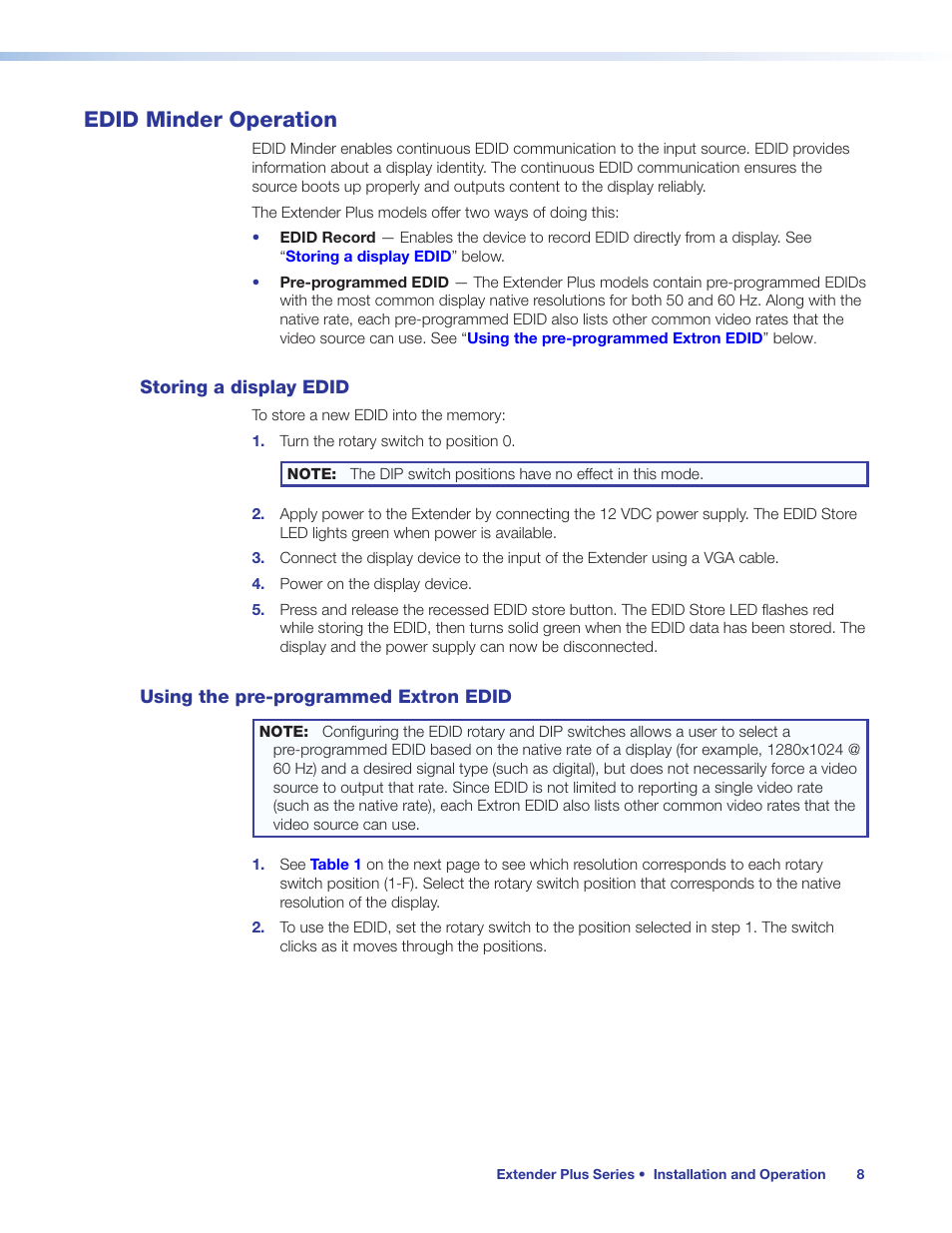 Edid minder operation, Storing a display edid, Using the pre-programmed extron edid | Esolutions. see, Using the, Pre-programmed extron edid | Extron Electronics Extender Plus Series User Guide User Manual | Page 14 / 23