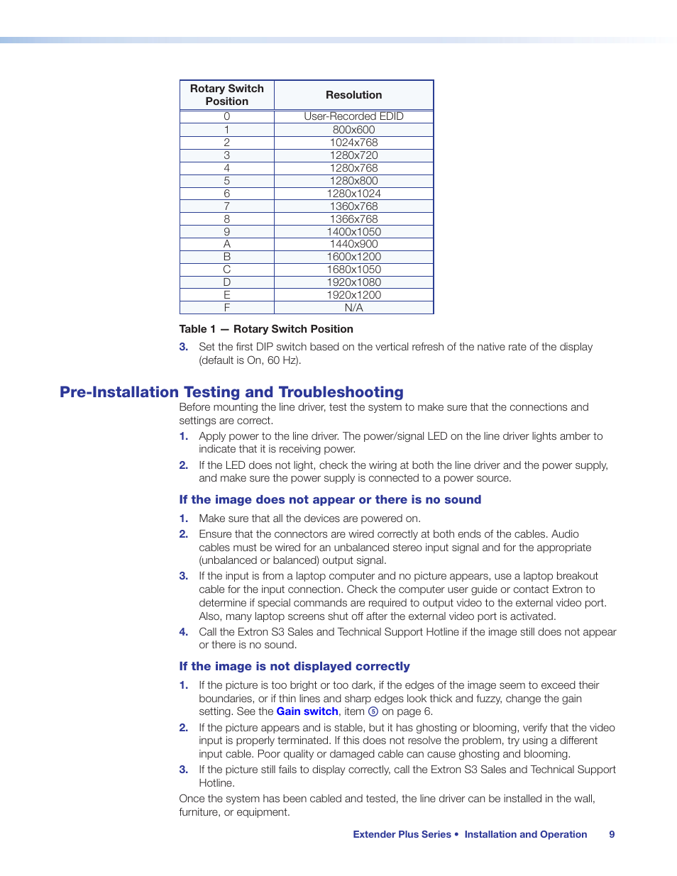 Pre-installation testing and troubleshooting, Pre-installation testing and, Troubleshooting | Table 1 | Extron Electronics Extender Plus Series User Guide User Manual | Page 15 / 23