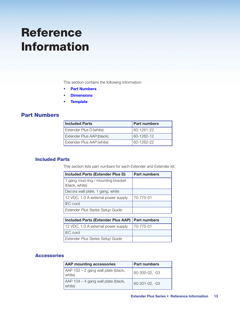Reference information, Part numbers, Included parts | Accessories, Included parts accessories | Extron Electronics Extender Plus Series User Guide User Manual | Page 19 / 23
