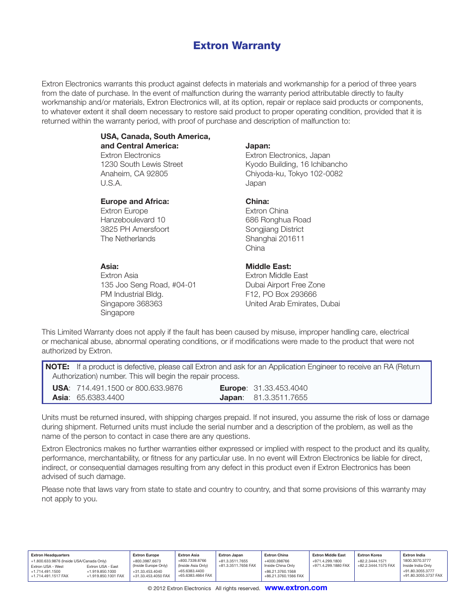 Extron warranty | Extron Electronics Extender Plus Series User Guide User Manual | Page 23 / 23