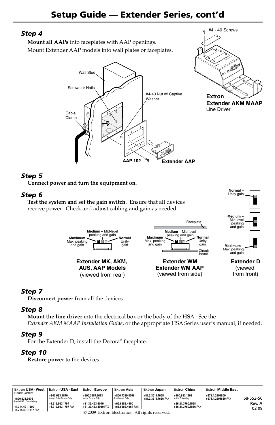 Setup guide — extender series, cont’d, Step 4, Step 5 | Step 6, Step 7, Step 8, Step 9, Step 10, Extron extender akm maap, Connect power and turn the equipment on | Extron Electronics Extender Series Setup Guide User Manual | Page 2 / 2