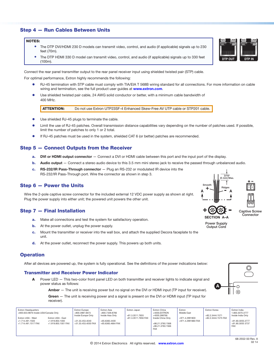 Step 4 — run cables between units, Step 5 — connect outputs from the receiver, Step 6 — power the units | Step 7 — final installation, Operation, Transmitter and receiver power indicator | Extron Electronics HDMI 230_330 D User Manual | Page 2 / 2