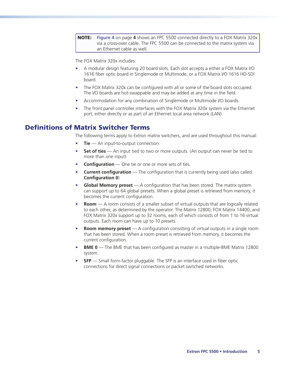 Definitions of matrix switcher terms | Extron Electronics FPC 5500 User Manual | Page 11 / 59